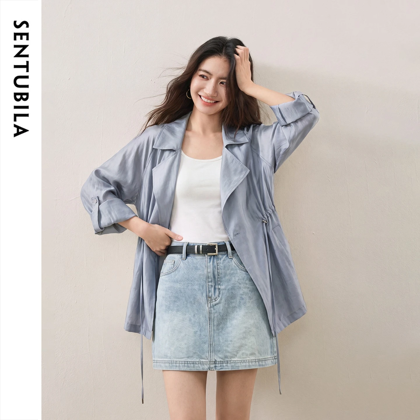 SENTUBILA Women Lyocell Trench Windbreaker 2026 Autumn Mid Length Ladies Light Coat with Convertible Two Way Sleeves 163WO7832