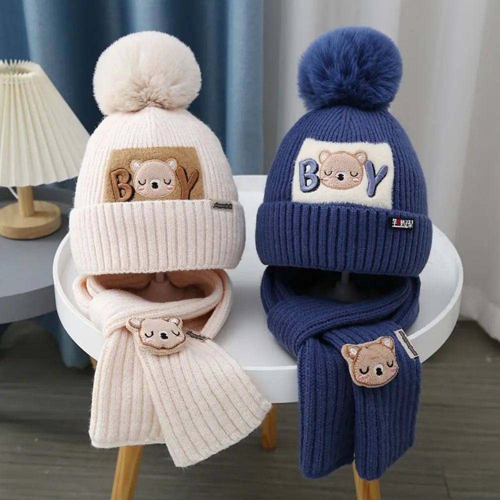 

Autumn Bear Baby Hat Scarf Set Solid Color Neck Scarf Crochet Hat Korean Style Children's Ear Protection Hat Windproof