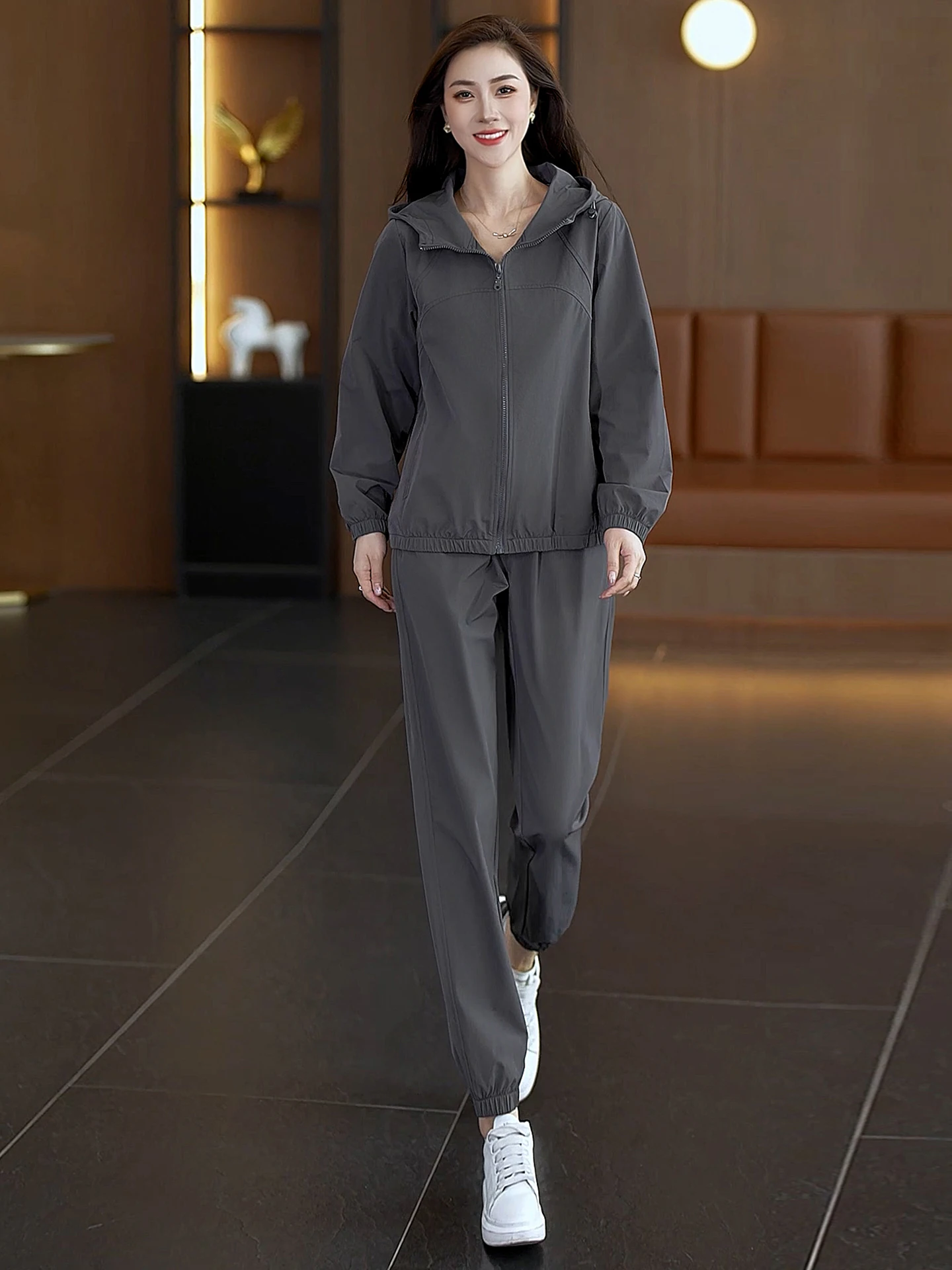 Conjunto informal de Fitn largo con capucha para mujer, conjunto de dos piezas con cierre de cremallera, para viajes al aire libre, ejercicio, otoño