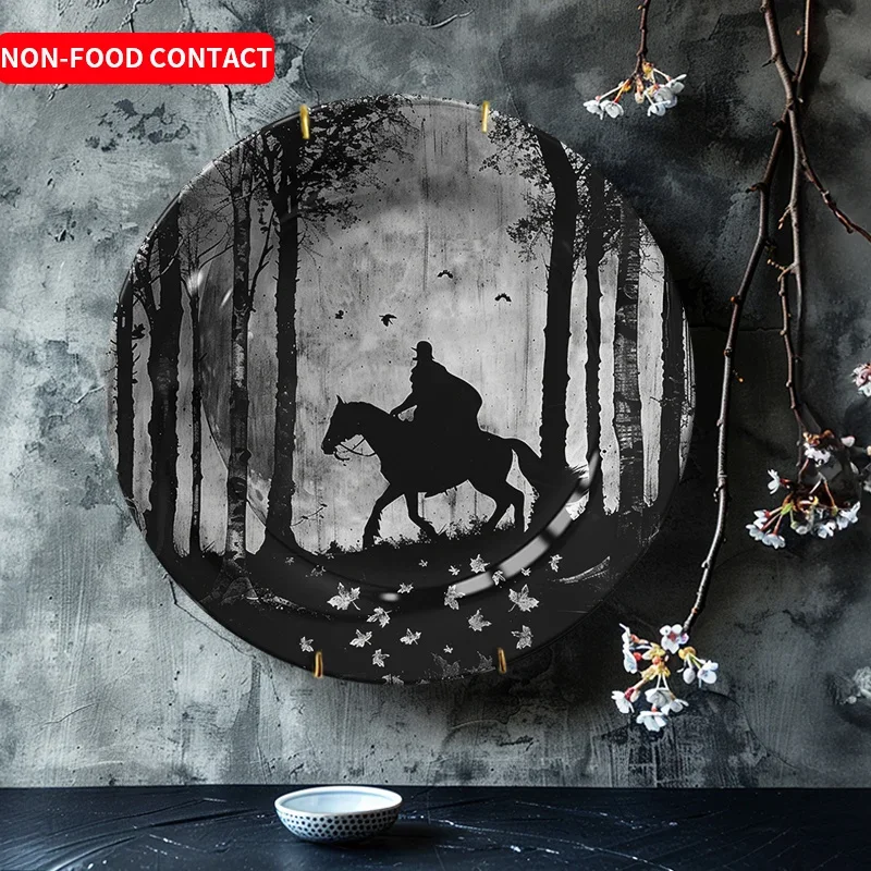 1pc Elegant Ceramic Decorative Plate - Forest Riding Horse Design, Nordic Style Wall Art, Non-Food Contact, Ideal for Living