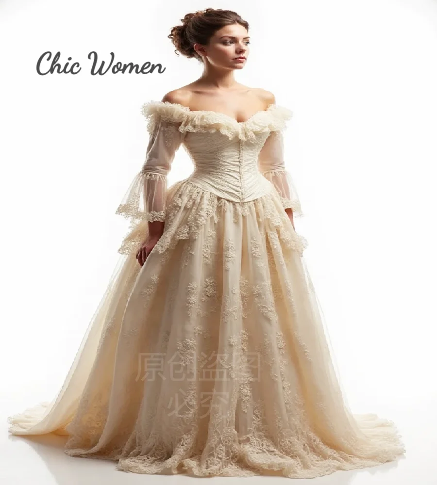 Dreamy Light Champagne Medieval Wedding Dress 2026 Fairy Elvish Lace Bohemian Bridal Dress Victorian Gypsy Tudor Country Bride