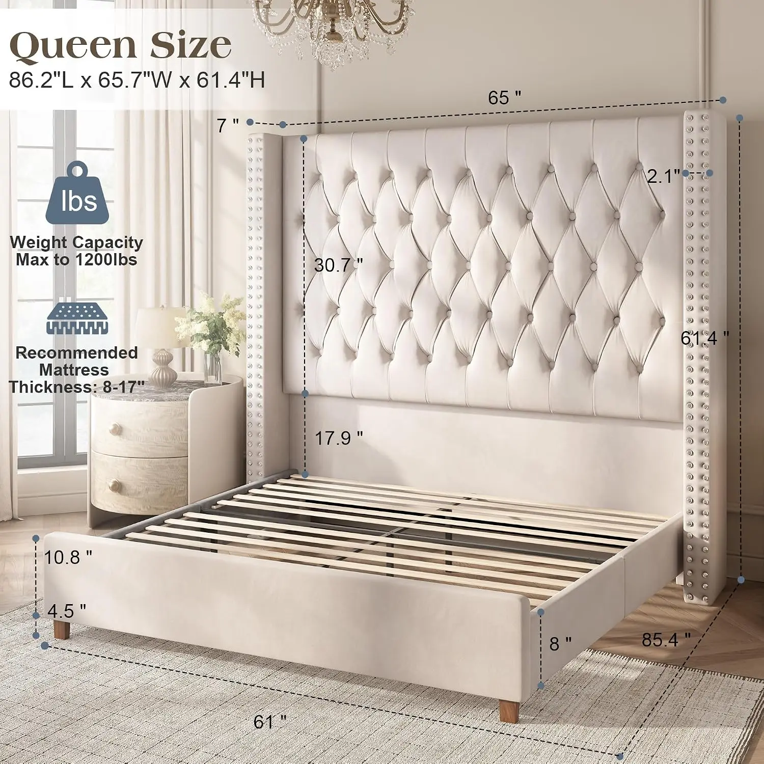 Queen Bed Frame Upholstered Wingback Headboard 61.4
