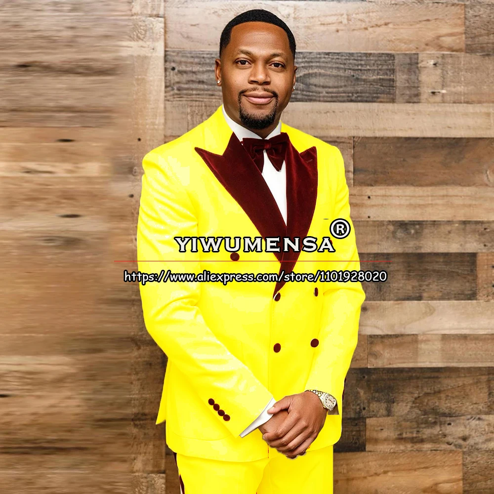 Unique Design Suits Men 2 Pieces Sets Burgundy Velvet Prom Blazers Customized Groom Wedding Tuxedos Male Fashion Costume Homme