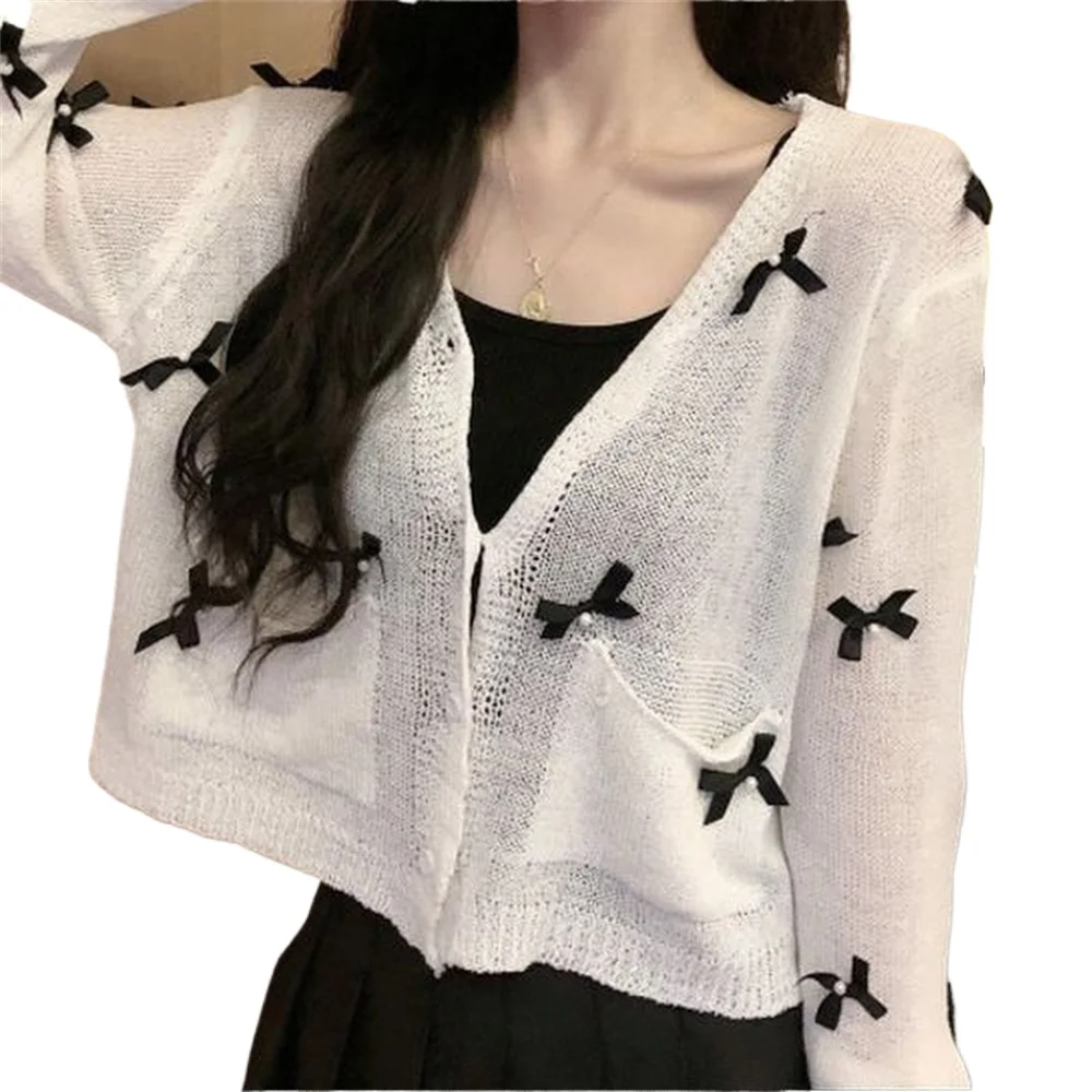 

Летний новый солнцезащитный крем с бантом, маленький кардиган, тонкое белое свободное пальто, трикотажная рубашка с длинными рукавами для женщин, верхняя одежда с длинными рукавами для женщин