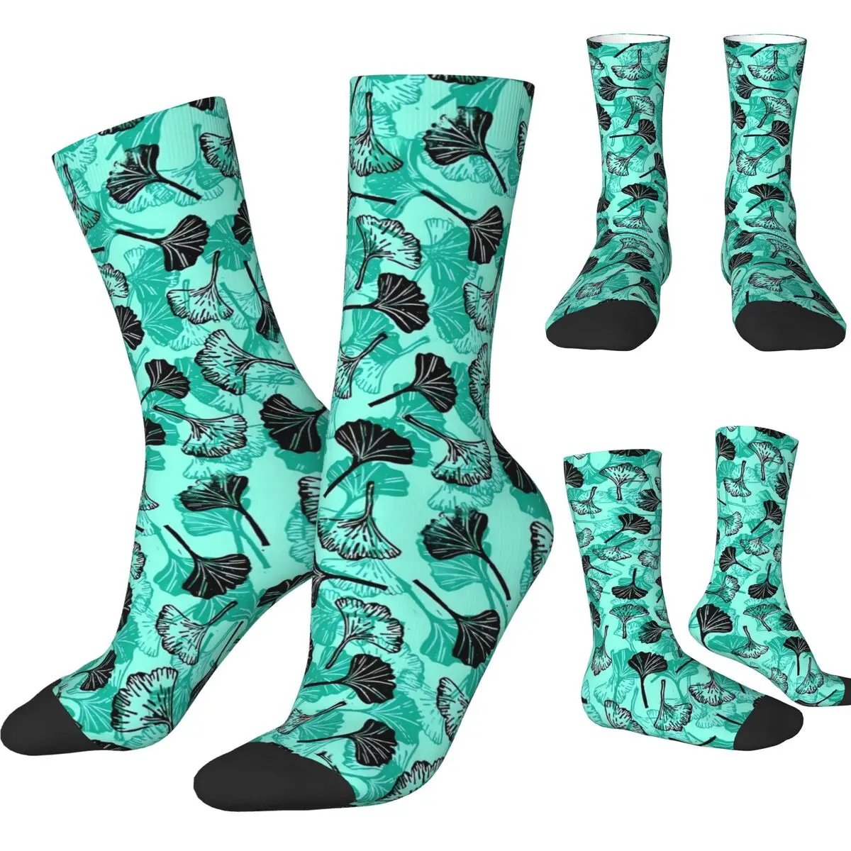 Ginkgo Biloba Art Stockings Green and Black Leaves Graphic Fashion Socks Autumn Non Slip Socks Women Men  Comfortable Socks