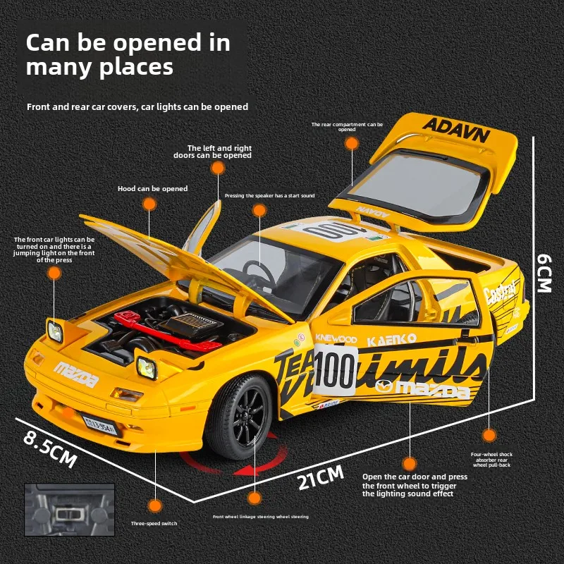 Diecast 1/24 Mazda RX7-FC Legering Model Auto Kinderen Jongen Speelgoed Voertuig Verjaardagscadeau Geluid Licht Collectie Miniatuur Voiture