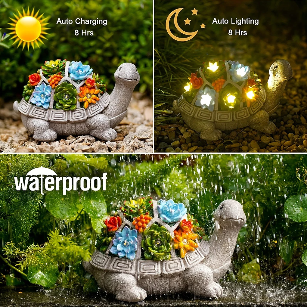 Tortue Solaire d'Extérieur avec Lumières LED, Statue de Jardin avec Fleurs Succulentes, Ornement de Cour de délégations