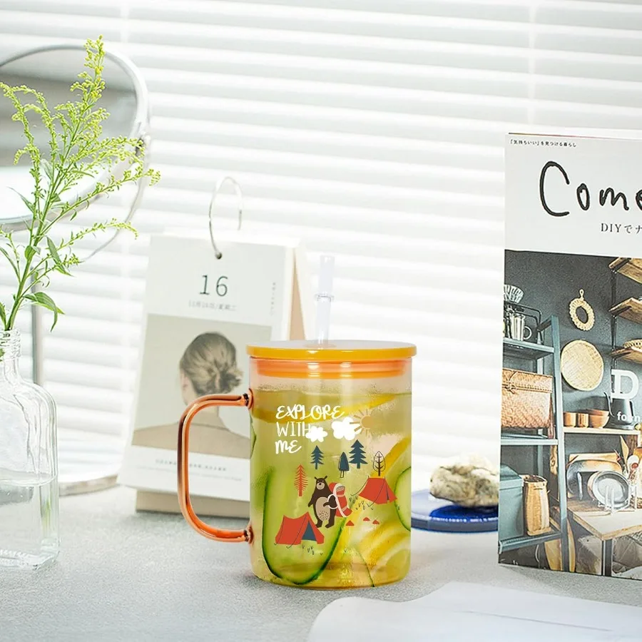 فراغات زجاجية للتسامي سعة 15 أونصة مع غطاء ملون وقش، 25 عبوة من أكواب زجاجية للتسامي بمقبض، بوروسيليكات قابلة للتسامي #6