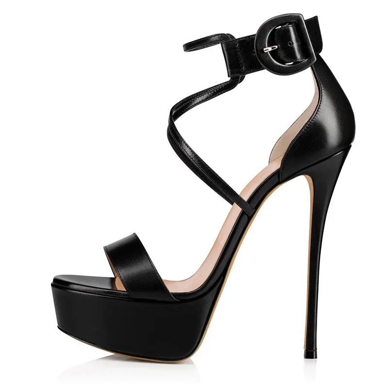 Golden Patent Leather Platform Front Cross Strap Side Buckle Sandals Super High Heel Peep Toe Cutout Woman Pumps