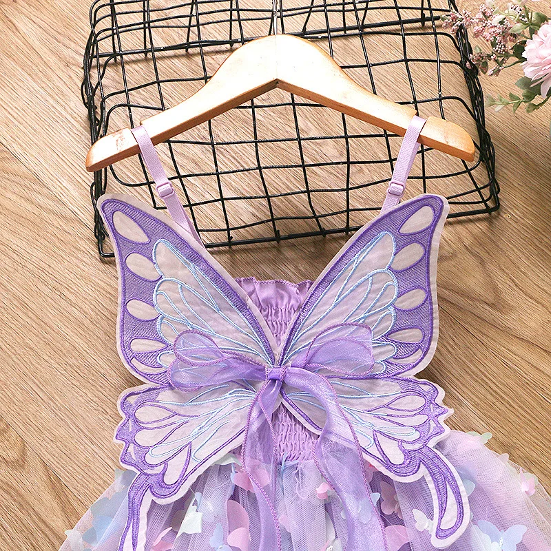 2024 Summer Fashion Girls 3D Butterfly Sling Mesh Dress Toddler Kid Cute Purple Wings Puffy Princess Dress 3-8Yrs