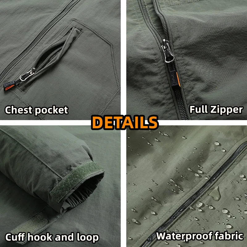 Hot Sale 5XL Mens Outdoor Hiking Jackets Autumn Spring Multi-pocket Tactical Safari Fishing Waterproof Hooded Thin Cargo Coat