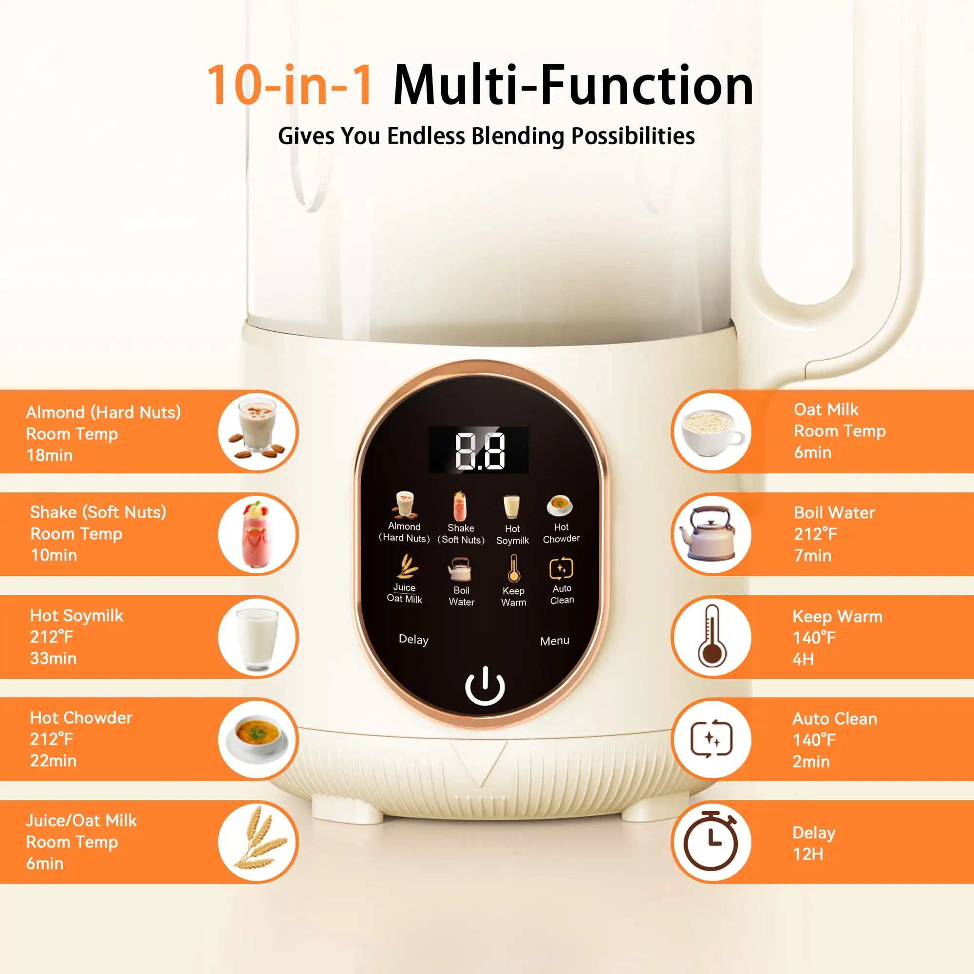 Macchina automatica per il latte di noci da 50 once, macchina per la produzione di mucche di mandorle e latte di soia caldo fatta in casa, a base vegetale 10 in 1 (1500 ml)