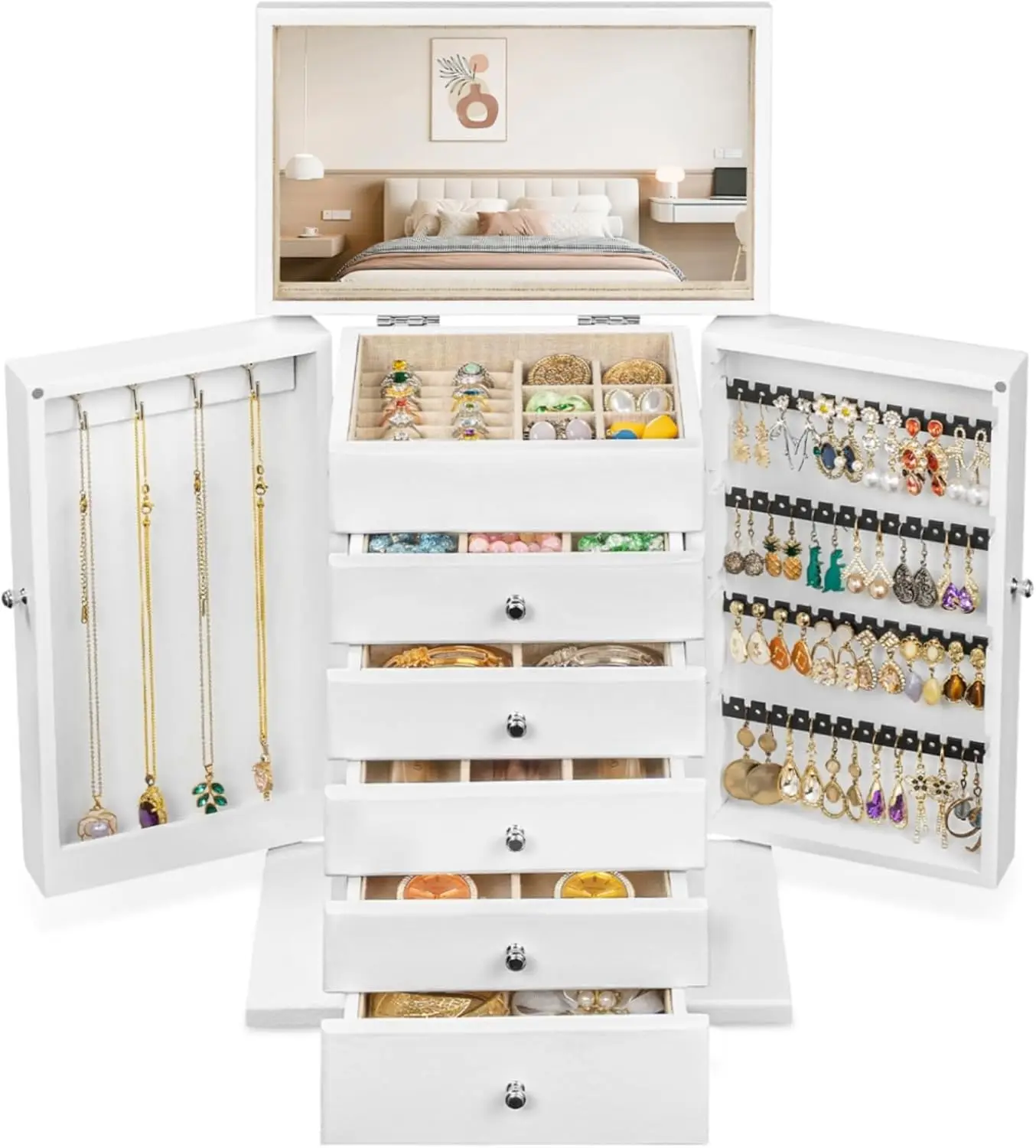 Jewelry Box for Women, 6-Tier Large Jewelry Organizer Boxes with Mirror Rustic Solid Wood jewlery Storage for Rings Earrings Necklaces Bracelets watches(White)