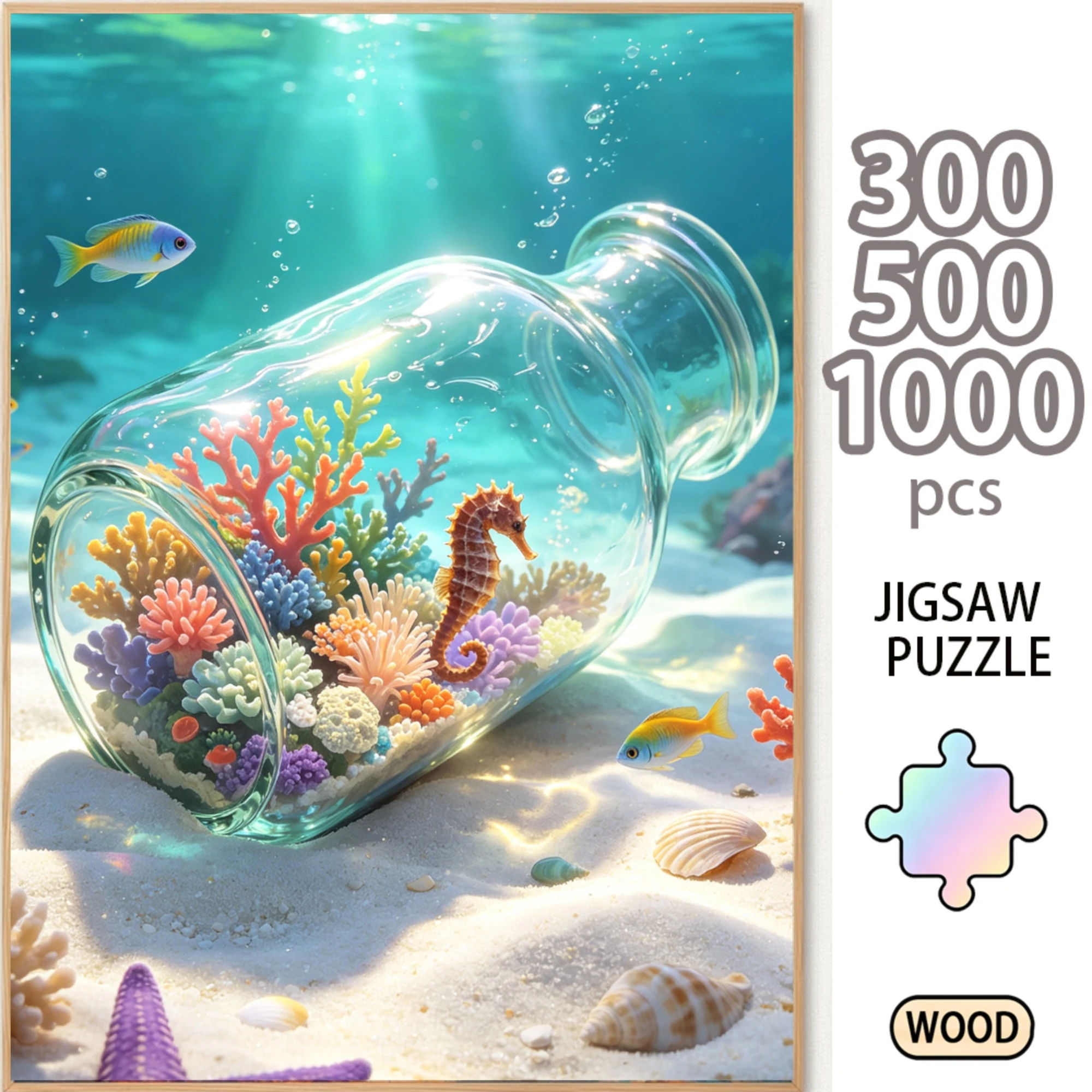 Underwater Coral Reef Seahorse Glass Jar Wooden Jigsaw Puzzle 300/500/1000 Piece Ocean Life Tropical Fish Painting Art Board Decor Gift for Adults