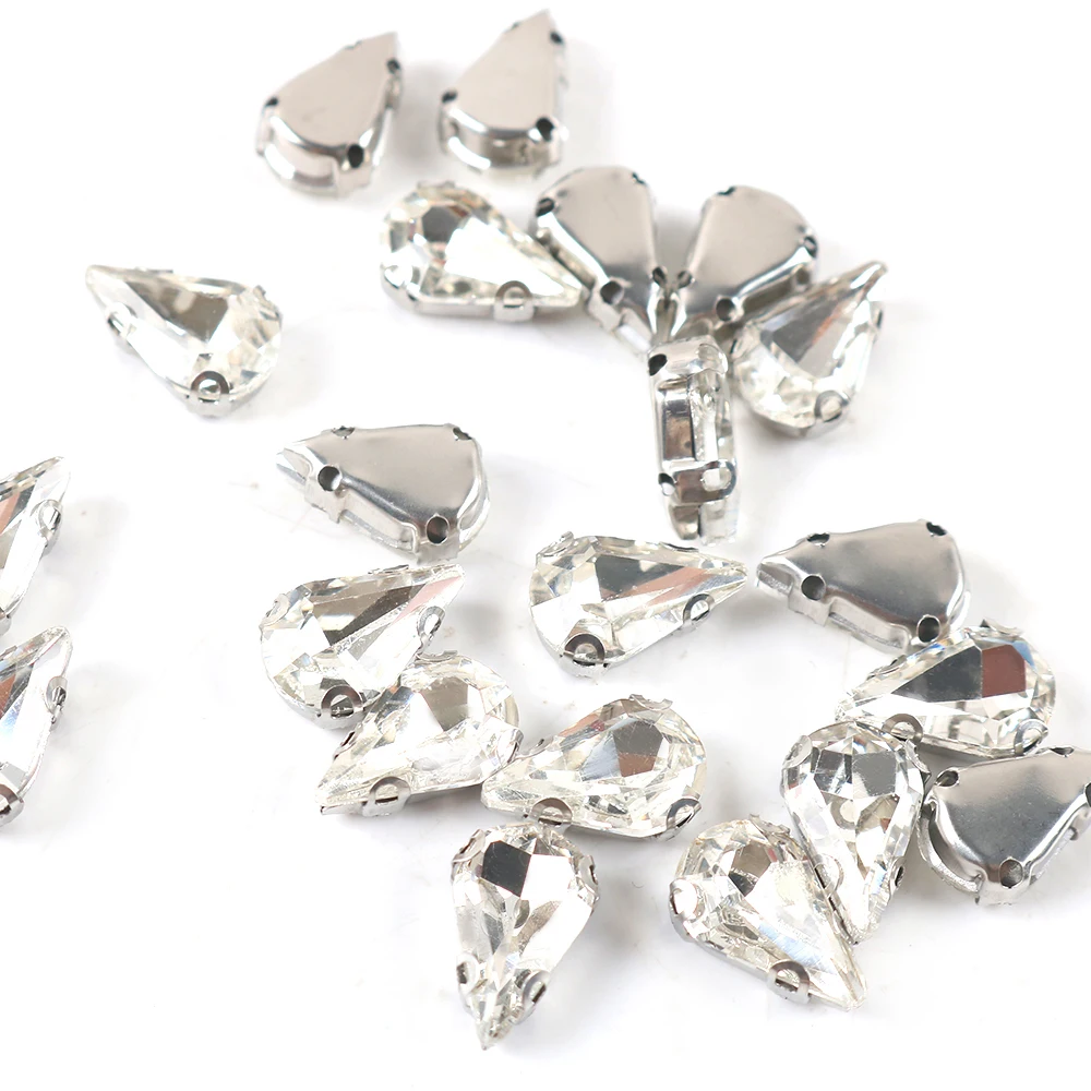 30pcs Sew on crystal glass Rhinestone Diamante jewels Silver Cup Claw Montees 4-holes Sewing Stone Beads craft clothes