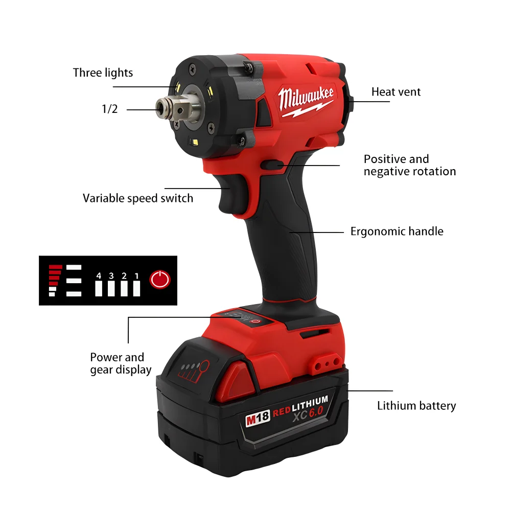 Milwaukee 300N.M Torque Brushless Cordless Electric Impact Wrench 1/2 inch M18 Battery Cordless Wrench Screwdriver Power Tools