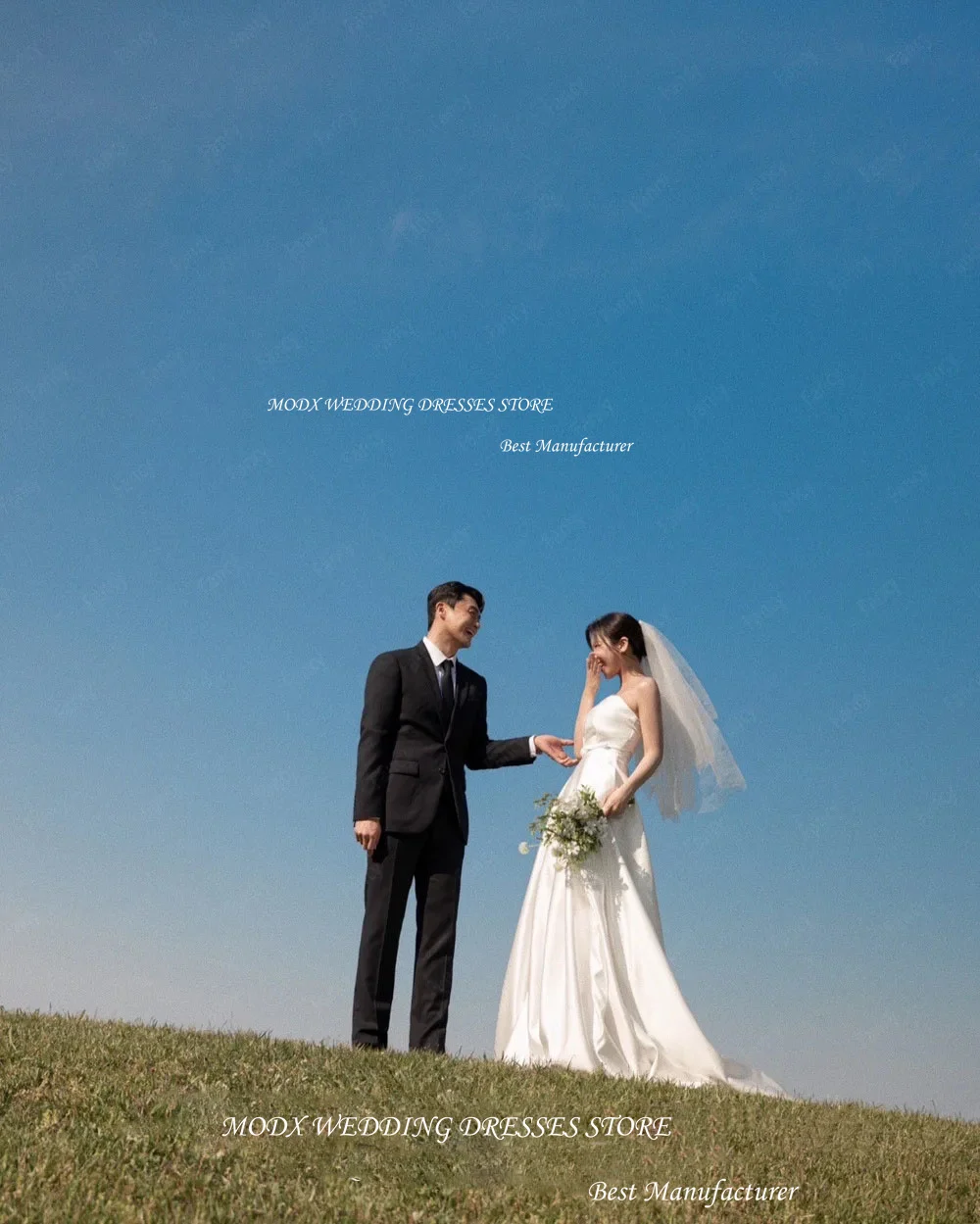 Vestido de novia MODX 2025, sesión de fotos, vestido de novia de satén sin tirantes, largo hasta el suelo, corsé trasero sin mangas, velo hecho a medida gratis