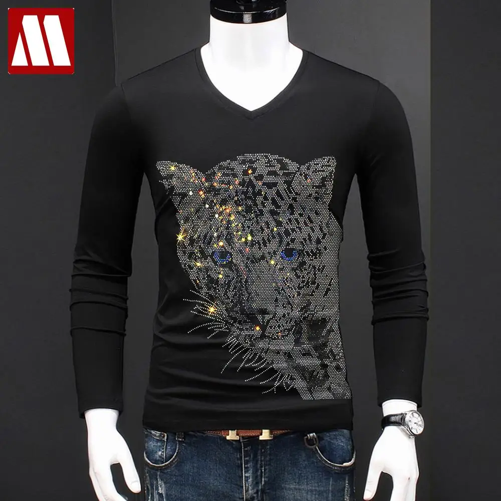 Hot Drill Leopard T Shirts For Men Top Quality Comfortable Mans Twinkling Diamond Stone Tshirt Casual Slim Fit Plus Size T-shirt