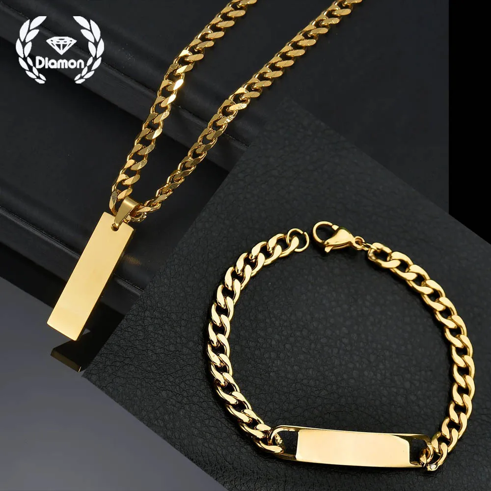 

Diamon Personalized Custom Name Engraved Date Bracelet Necklace Stainless Steel Cuban Chain Pendant Jewelry Set Christmas Gifts