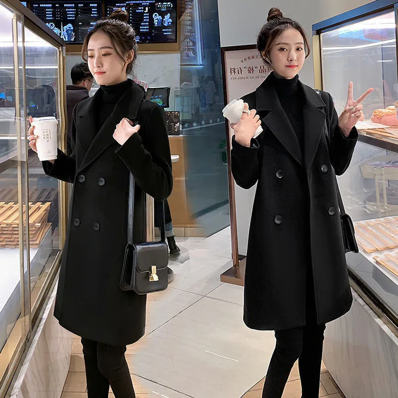 2023 Fashion Women Coat New Autumn And Winter Medium Length Thickened Black Korean Jacket Office Lady Regular Solid X-Long