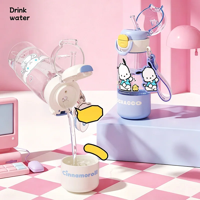 X&W Cute Sanrio Transparent Cup Cartoon Kuromi Pochacco Children Straw Cup Summer Water Bottle School Outdoor Drinking Cups Gift