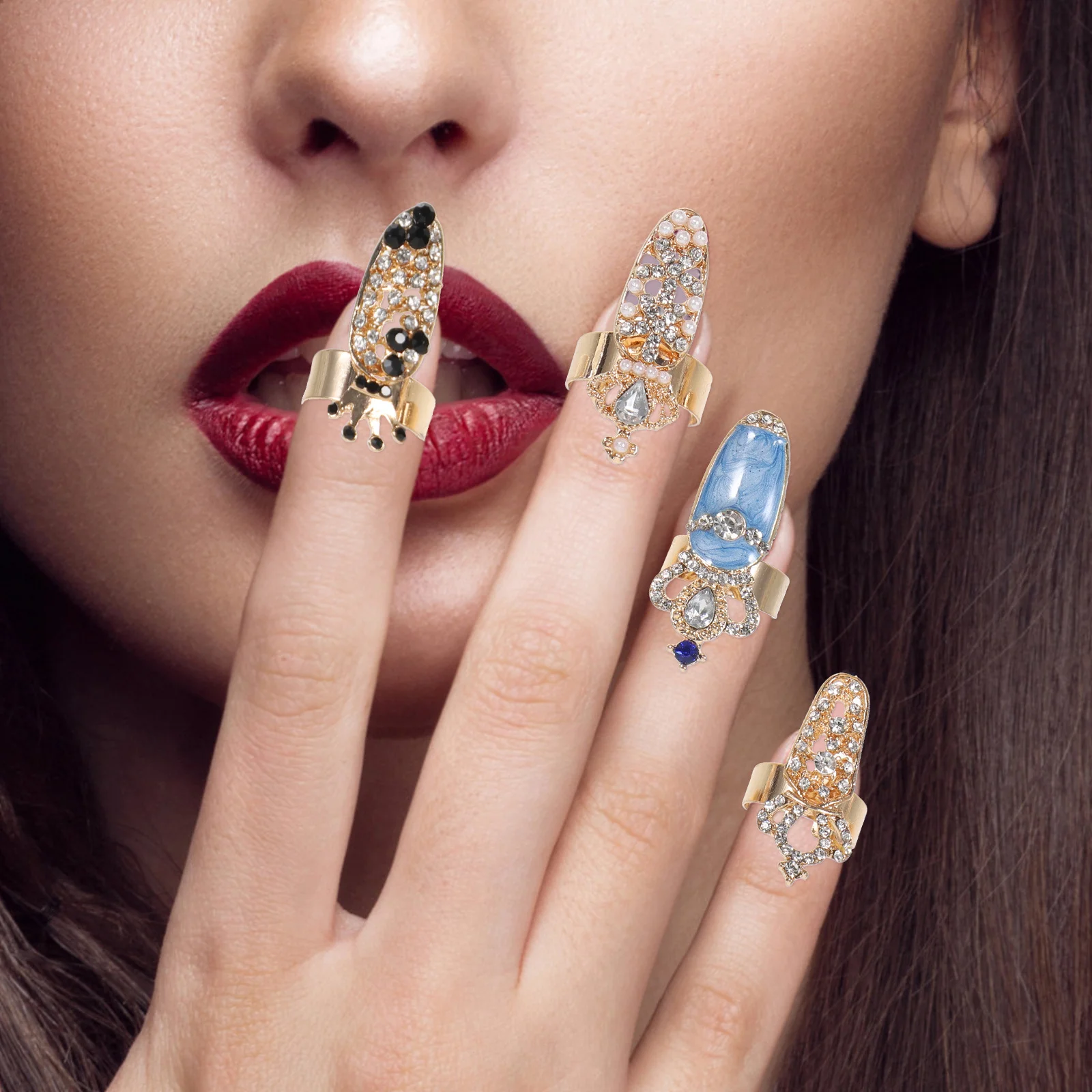 

10Pcs Rhinestone Nail Rings Alloy Knuckle Ring Decor Cool Fashionable Finger Tip Ring for Women Eye-Catching Party Costume