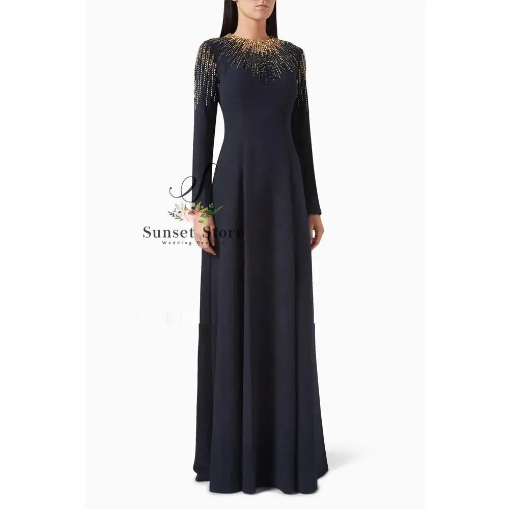 ที่กําหนดเองงาช้างประดับด้วยลูกปัด O-Neck Crepe ชุดราตรีอย่างเป็นทางการ Slim A-Line ชุดราตรียาว 2025 แขนยาวชุด