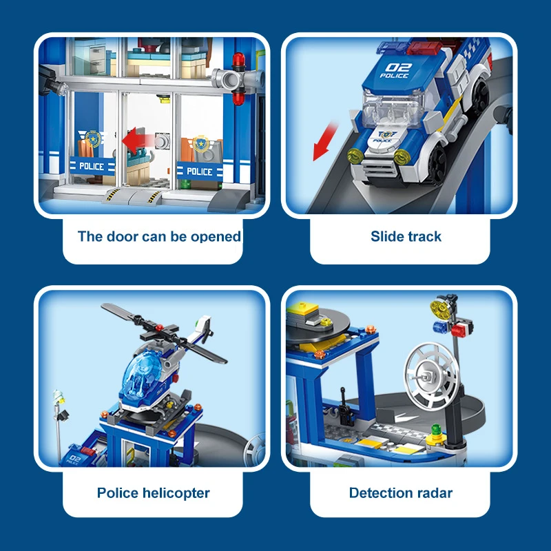 ตัวต่อบล็อกสถานีตำรวจเมือง 2 สี พร้อมเรือนจำ SWAT รถเฮลิคอปเตอร์ ตัวต่อตำรวจ ของเล่นเมืองสำหรับเด็ก ของขวัญ