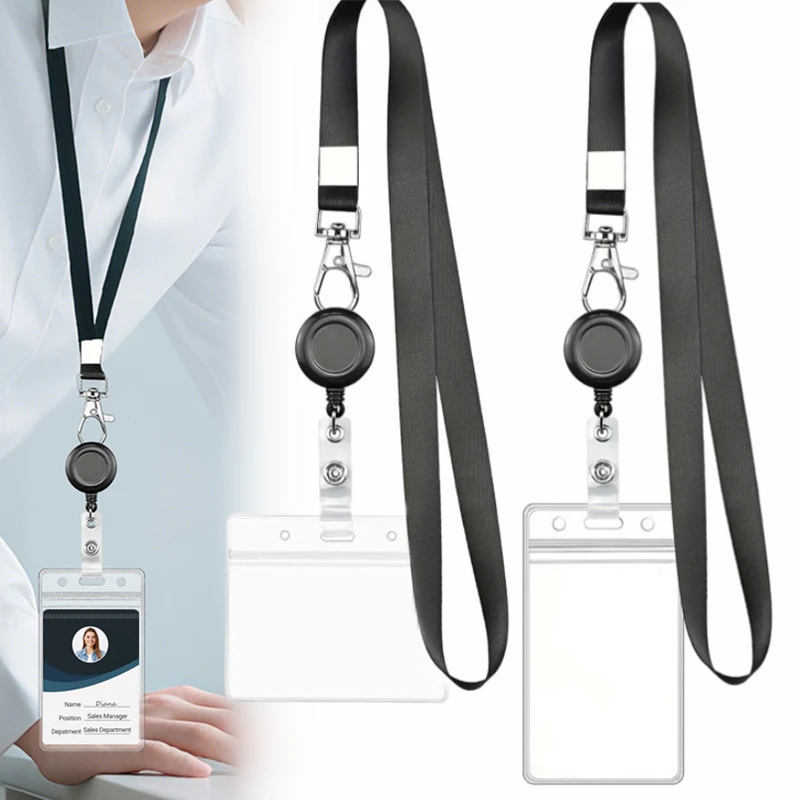 Retractable ID Employee Card Sleeve Hanging Rope Easy To Pull Buckle Replaceable Horizontal vertical Cards Business Badge Sleeve