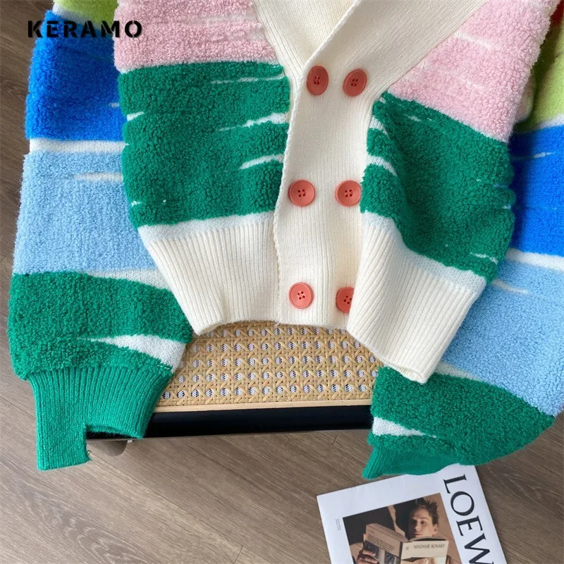 Women Casual Sweet Rainbow Striped Knitting Long Sleeve Cardigans 2023 Winter Korean Fashion Casual V-Neck Kawaii Sweater