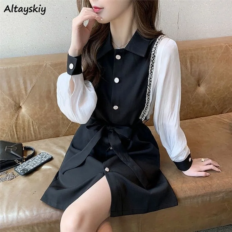 Long Sleeve Dress Women Single Breasted Design Above-knee Baggy Elegant Patchwork Femme Vestidos Leisure Chic Vintage College