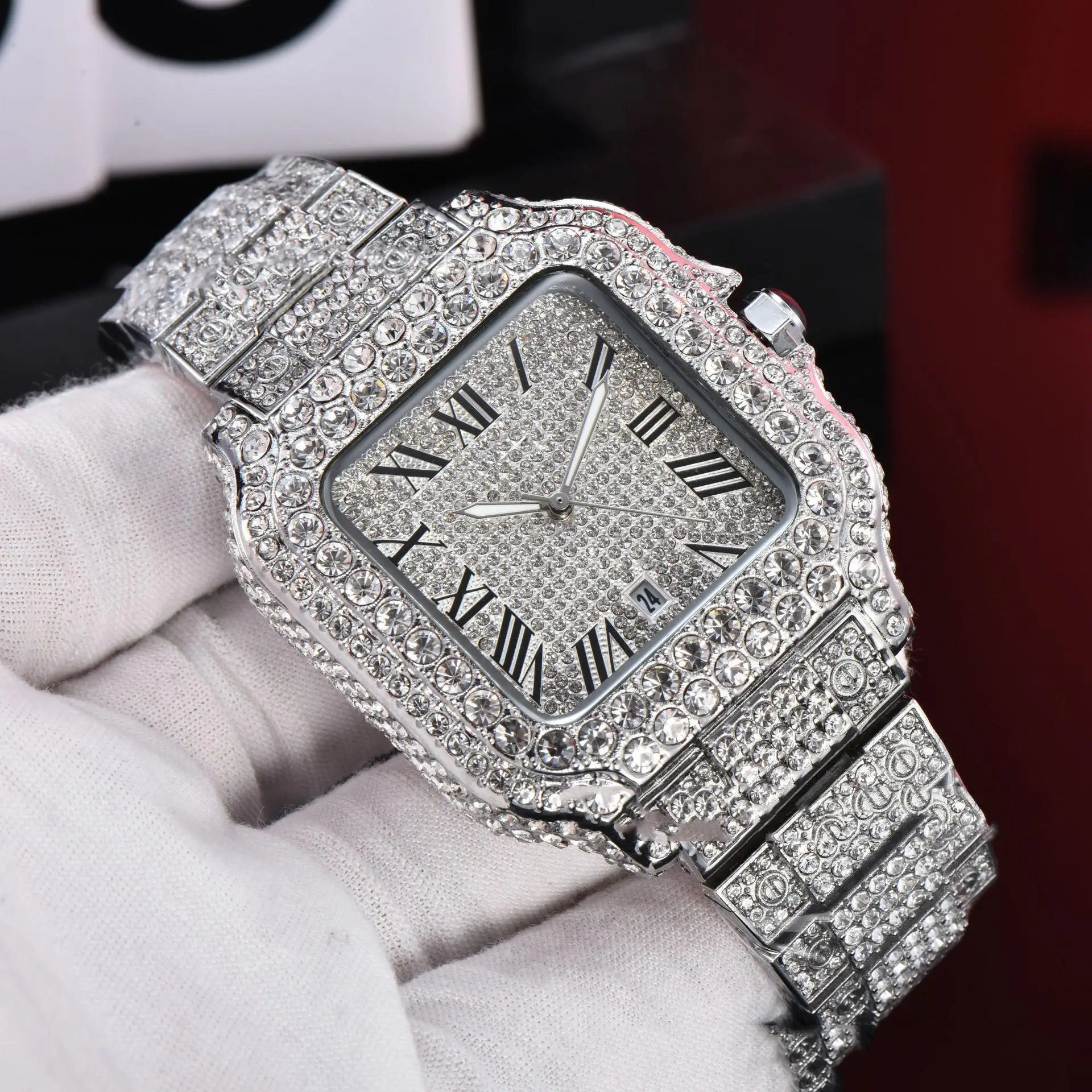 

Fashionable Luxury Handmade All Ice Diamond Hip-hop Watch, Automatic Sports Leather and Rubber Band Material Watch