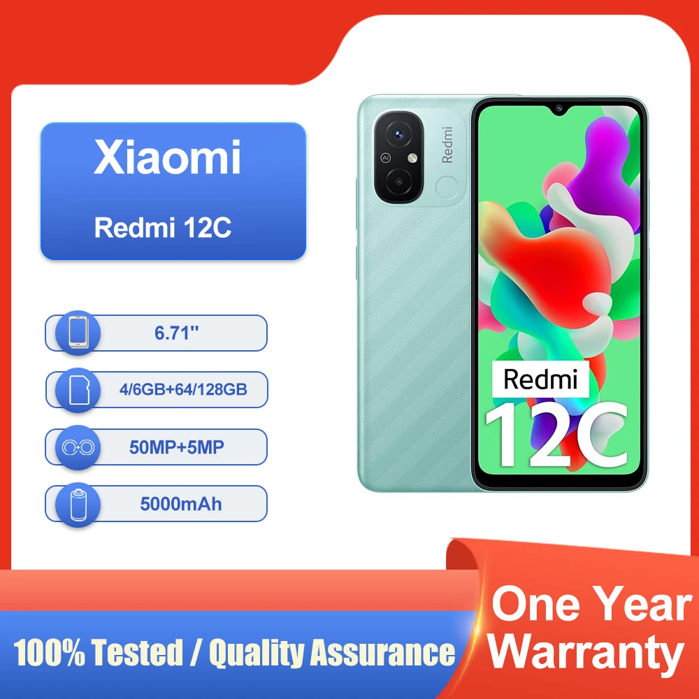 هاتف Xiaomi Redmi 12C 4G كاميرا 50 ميجابكسل عالمية rom Mediatek بصمة 5000 مللي أمبير في الساعة هاتف مستعمل