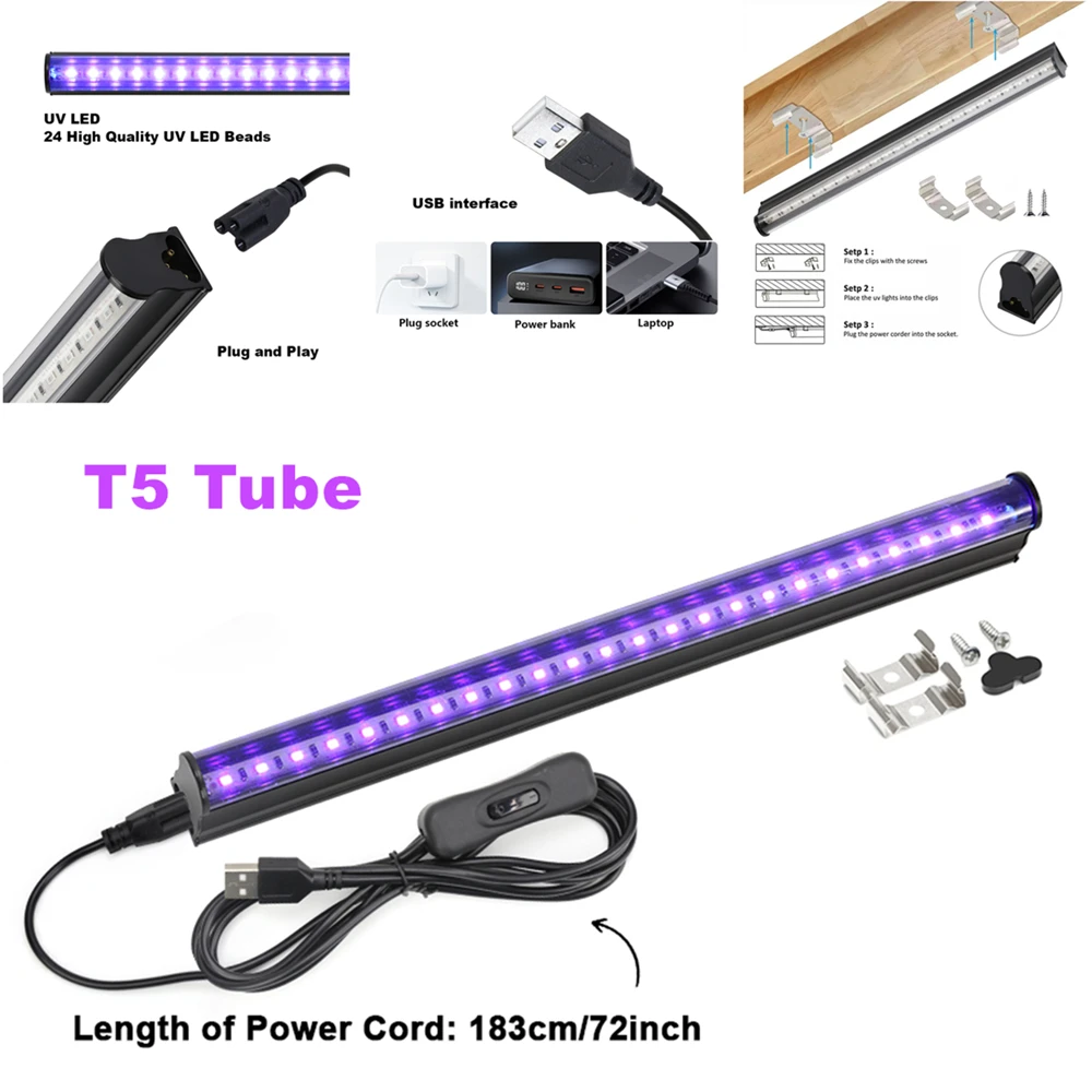 الأشعة فوق البنفسجية الضوء الأسود T8 المغناطيسي Blacklight بار USB T5 أنبوب الأشعة فوق البنفسجية المصباح الكهربي 39nm للكشف عن المال هالوين ديسكو ديكور حفلة #4