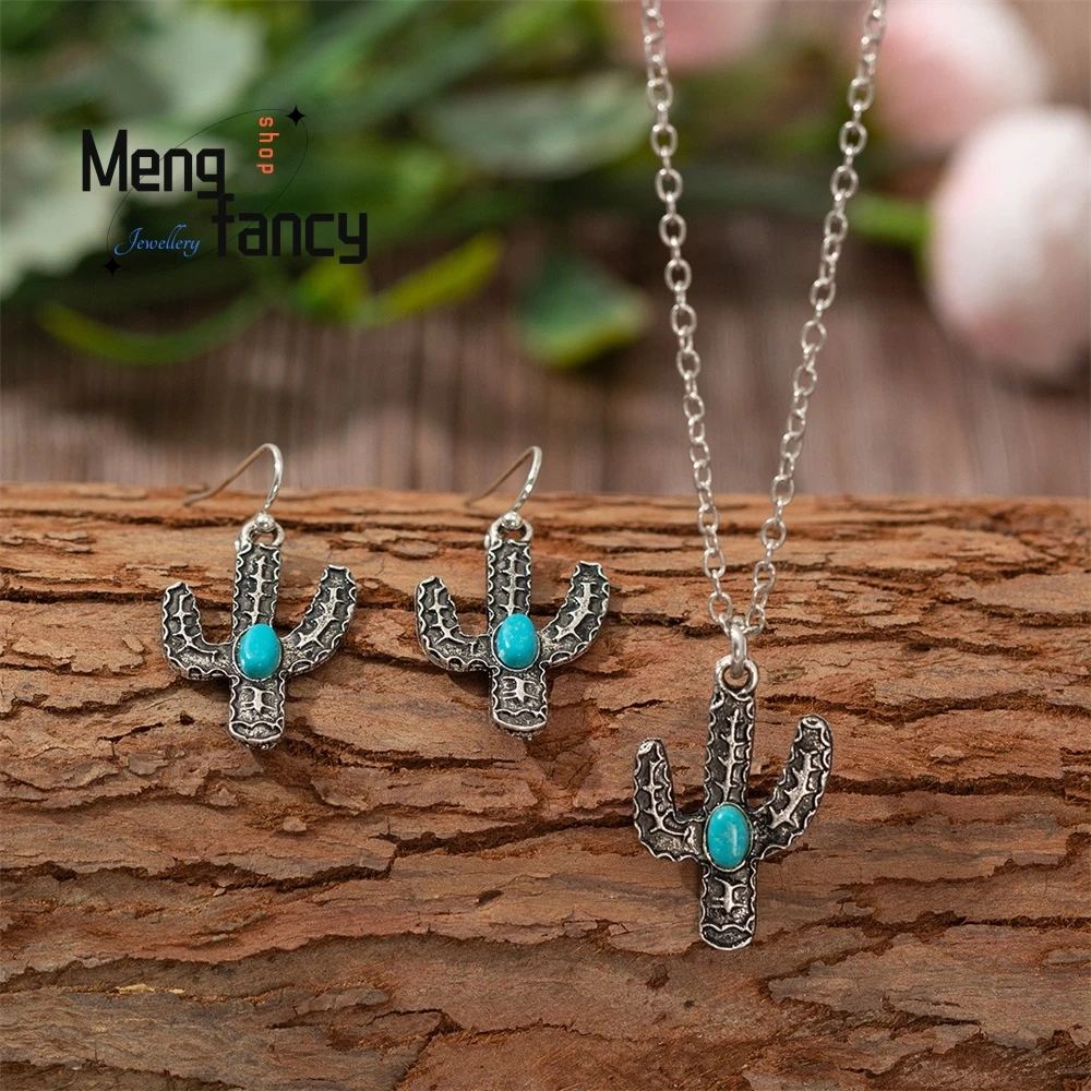 

Retro Silver Cactus Earrings And Necklace Two-Piece Set, Retro Textured Turquoise Earrings And Necklace Elegant Fashion Jewelry