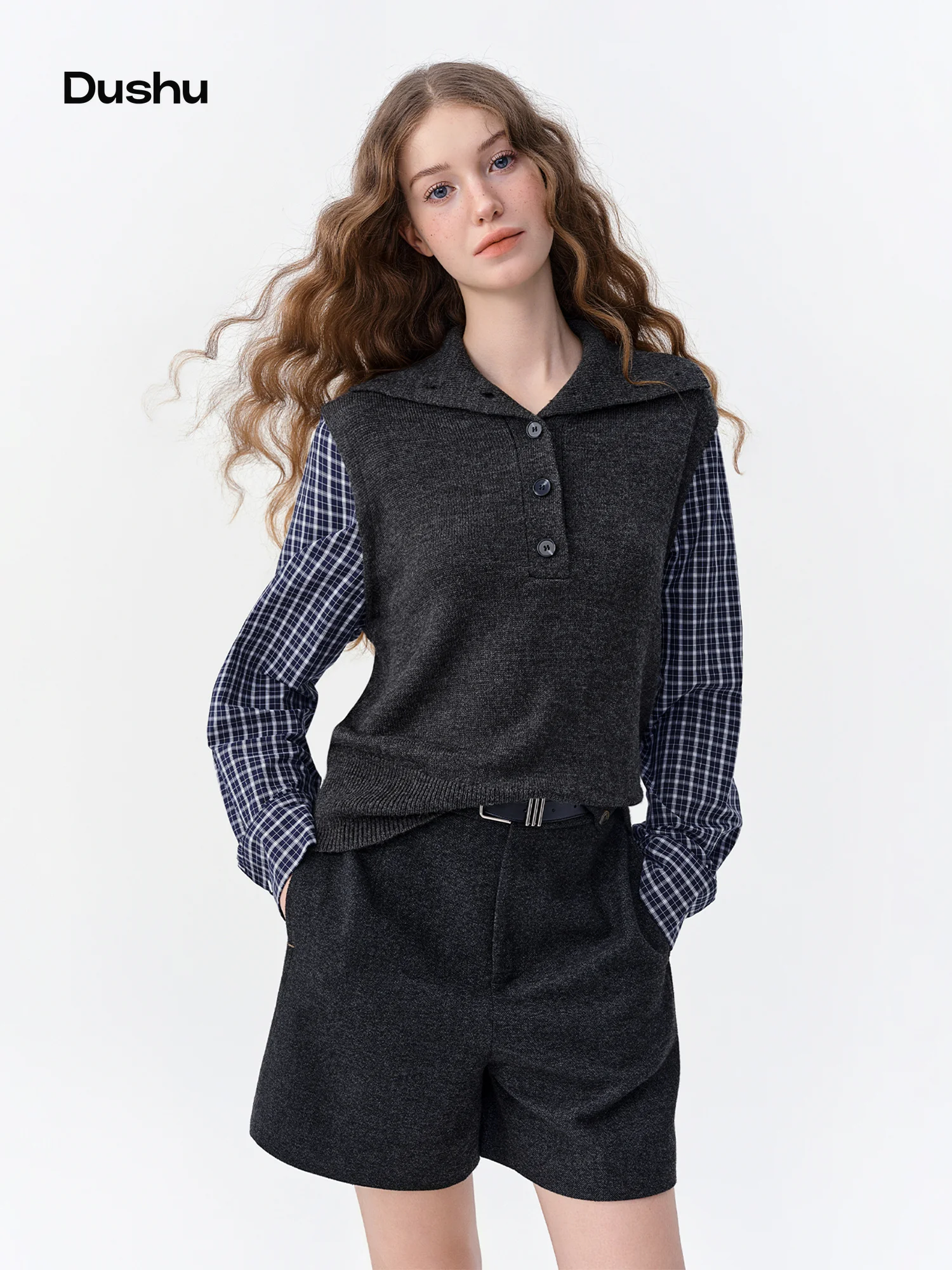 DUSHU Damen Zweiteiliger Karierter Strickpullover 2026 Winter Neuer Eleganter Pullover-Oberteil Modisches Design für Kurvige Figuren