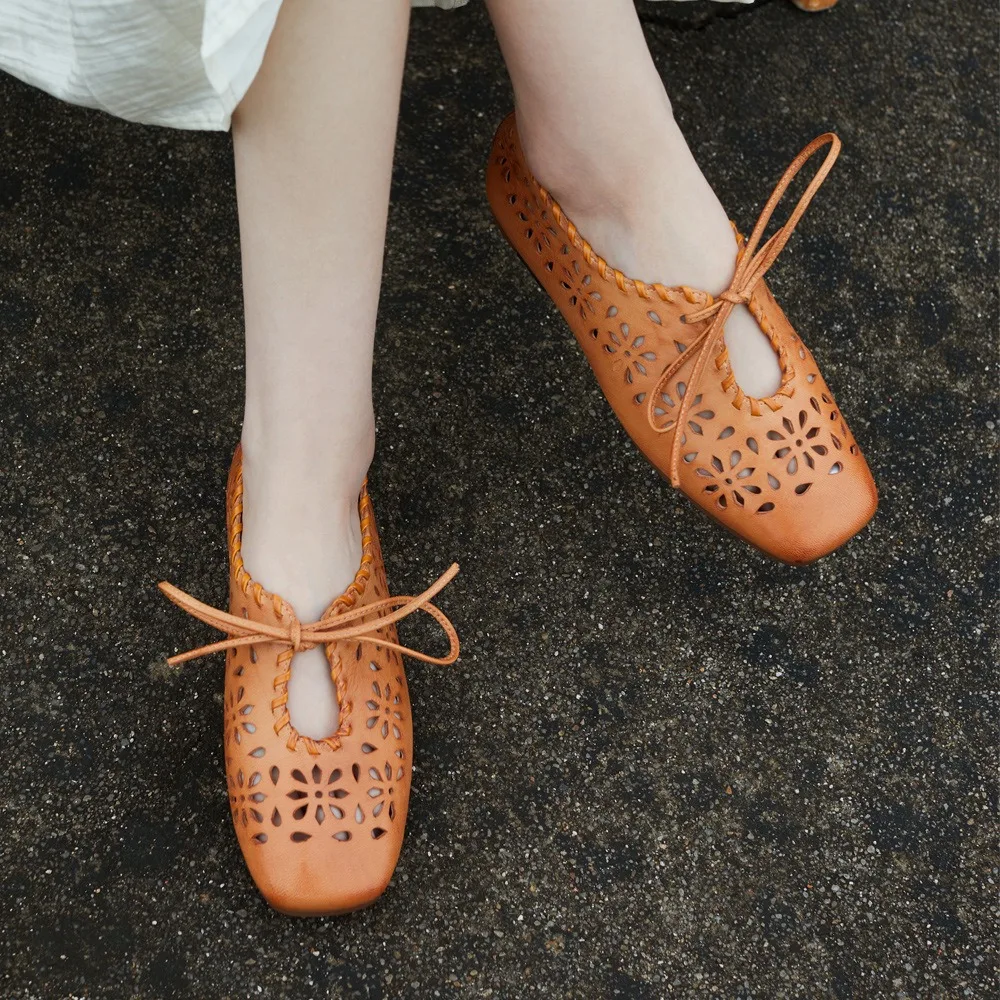 

Birkuir Retro Lace Up Shoes For Women Low Heel Hollow Out Soft Soles Genuine Leather Summer 2026 Square Toe Casual Ladies Shoes