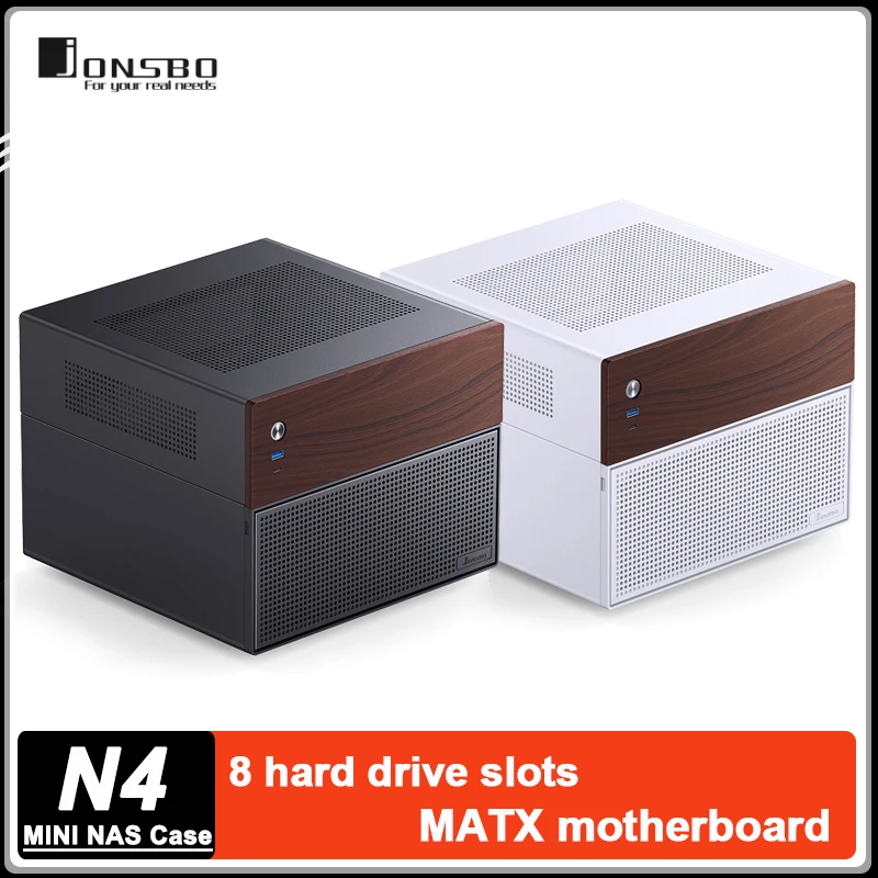 

JONSBO N4, черный/белый корпус MINI NAS, 8, слоты для жесткого SSD, материнская плата MATX, серверное сетевое хранилище, настольное корпус