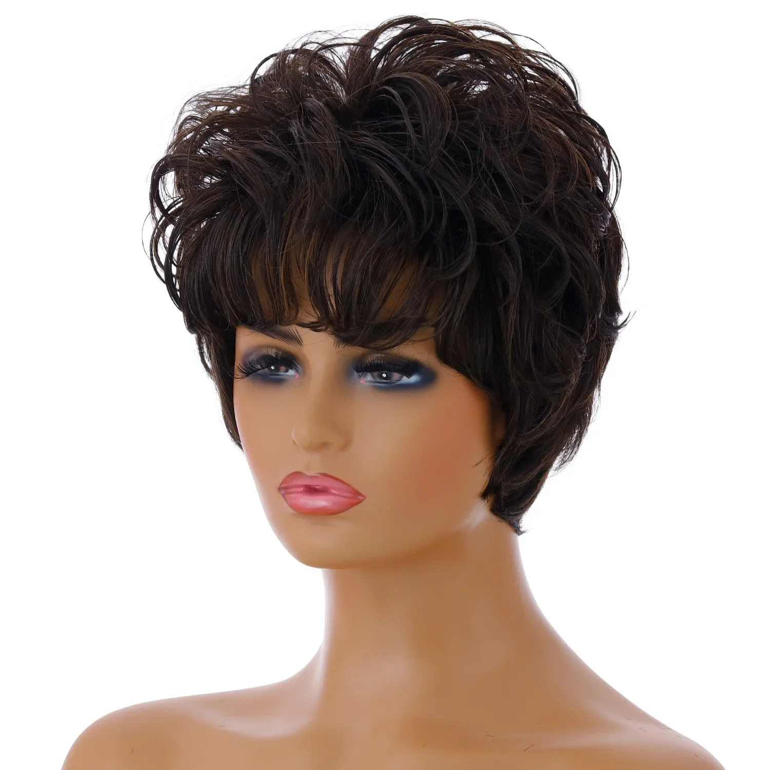 Womens Fashion Wig Pixie Cut Short Curly Hair with Bangs Fluffy Natural Brown Synthetic Full Wavy Wig Cosplay Party Wigs Pelucas