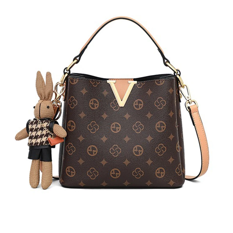 

Women Fashion Khaki Monogram Genuine Leather Bucket Bag Lady Luxury Gold V-Shaped Design Crossbody Bag Female Glam Date Handbag