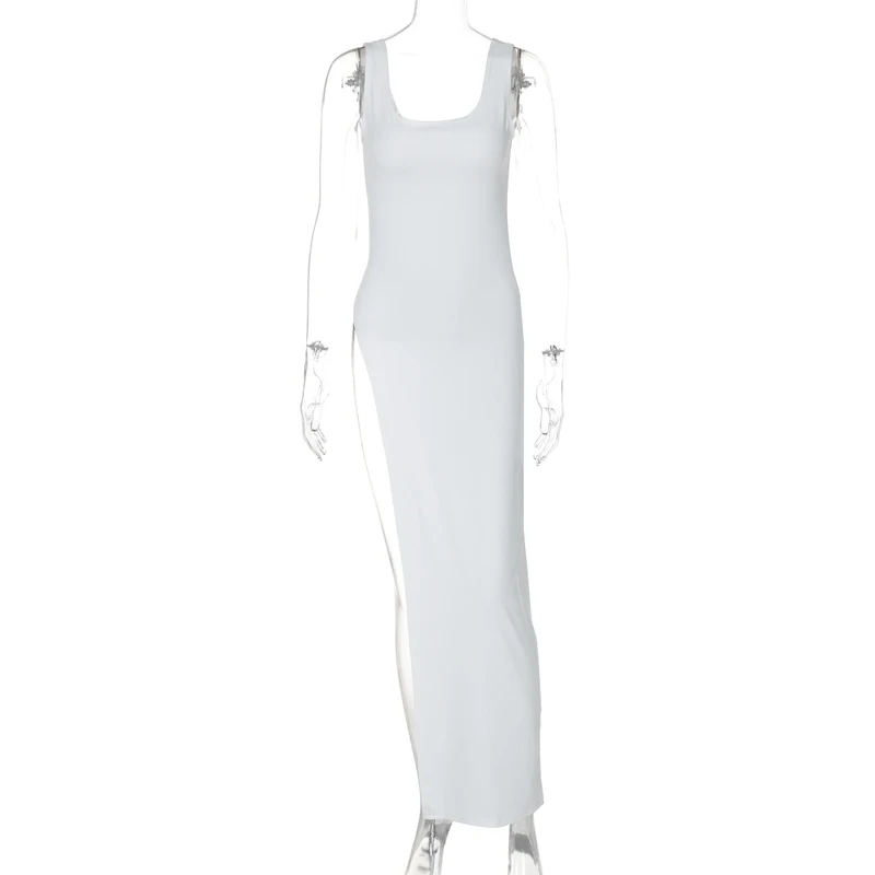 Sexy Sleeveless Side High Split Midi Dress Backless Women's Summer Party Club Streetwear Y2K Style Solid Color