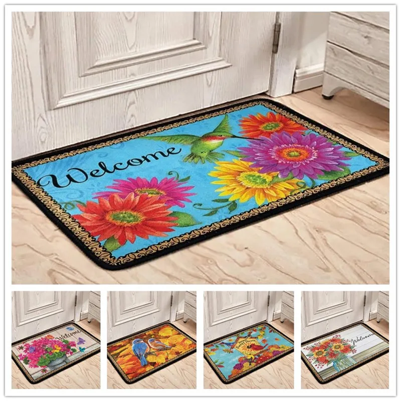 Welcome Door Mat Hummingbird Gerberas Print Indoor Outdoor Carpet Non Slip Home Decor Rugs For Entrance Bedroom Bathroom Kitchen