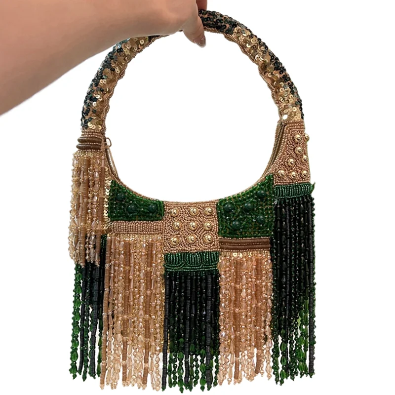 DOYUTIG Brand Indian handmade beaded tassel handbag beaded sequined one-shoulder underarm suede crescent handbag N027