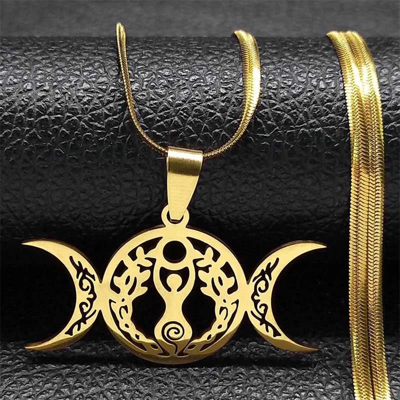 

Triple Moon Goddess Necklace Stainless Steel Gold Color Witch Hollow Necklaces Women Men Greek Mythology Jewelry Gift N9736S04