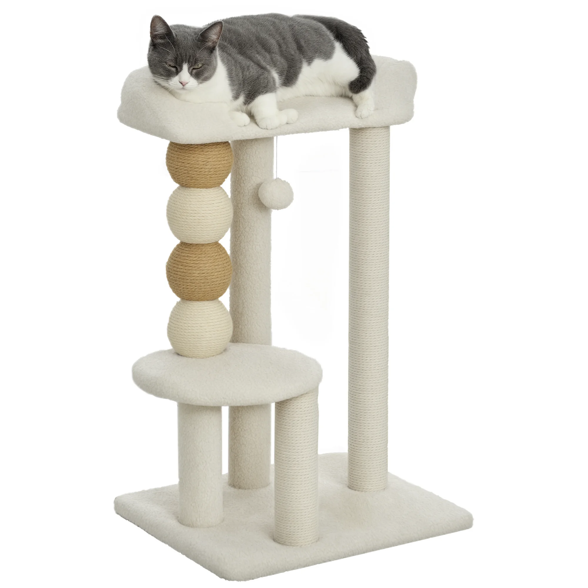 PawHut Árbol para Gatos Altura 76 cm con Revestimiento de Borreguillo Plataformas Bola Colgante y Poste de Yute Beige