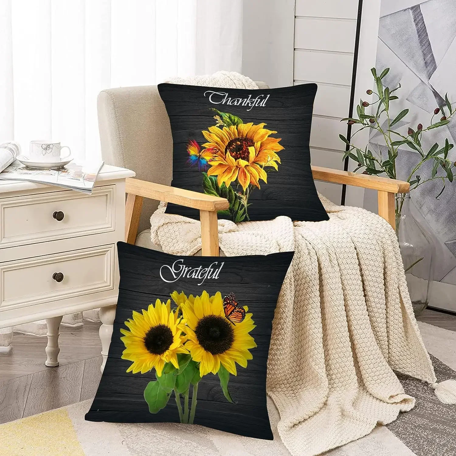 Sunflower Throw Pillowcase Cushion Cover Vintage Yellow with Butterfly Decorative Pillowcase Farm Sofa Bed Terrace Decoration