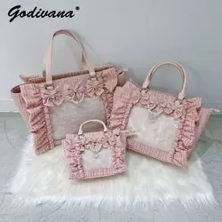 Estilo japonês mina ita saco babados rendas mulheres meninas rhienstone pérola bowknot quadrado tote ombro portátil bolsos