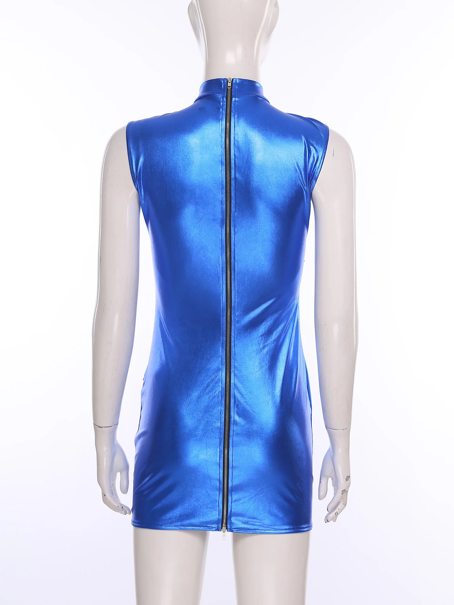 

Women Fashion Metallic Bodycon Dress Sexy Rave Party Club Costumes Shiny Sleeveless Double-end Zippers Mini Dress Nightclub Wear