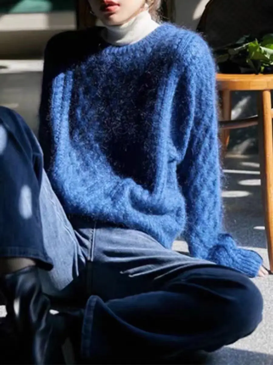 

Женский утолщенный осенне-зимний свободный повседневный модный вязаный кашемировый свитер из 100% мериносовой шерсти с круглым вырезом