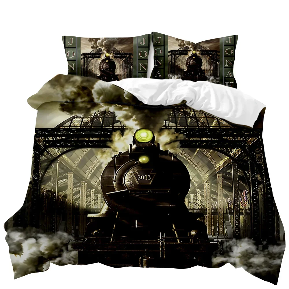 Steam Train Duvet Cover Digital Illustration of A Locomotive Train on A Steel Railway Track Adventure Art Polyester Qulit Cover